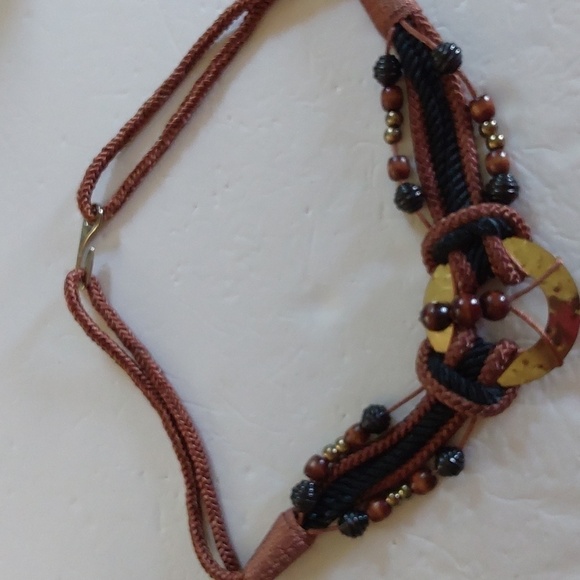 Women's Brown Cord Gold EMBLEM Beads Dress Belt Boho Neutral Sz. S/M - Picture 2 of 6